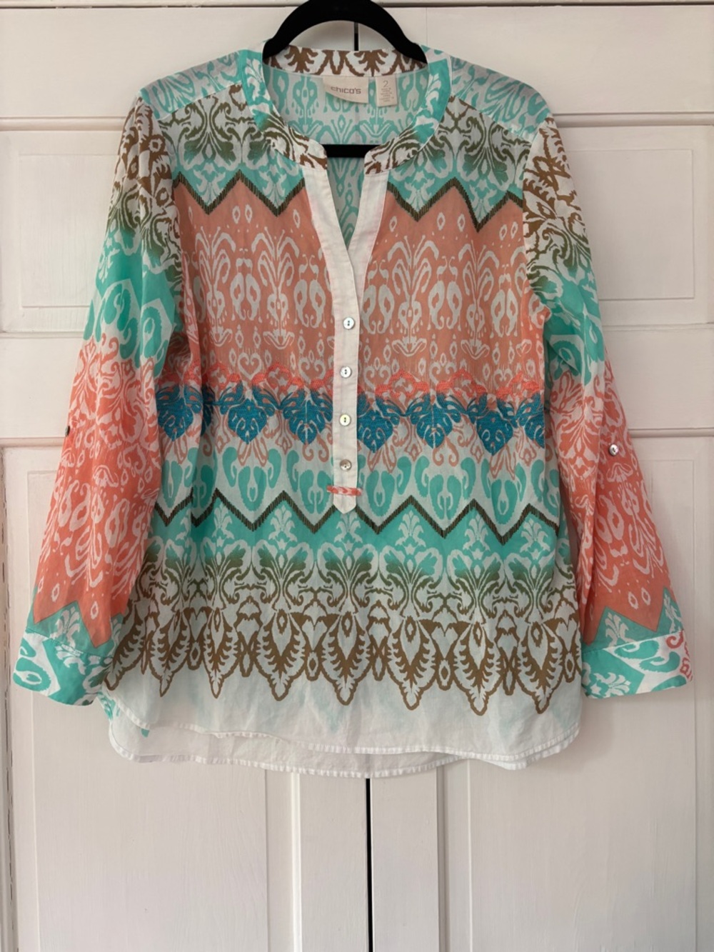 Chico's Size 2 Embroidered Beaded Coral Teal Printed Cotton Blouse Chicos Large